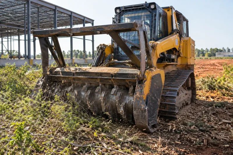 Forestry mulcher working on brush at a commercial property edge
