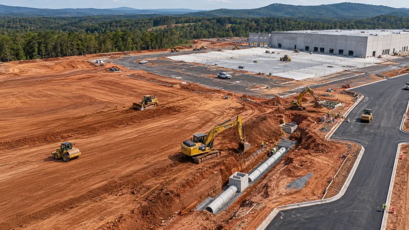 Aerial view of a commercial site with grading, underground drainage, concrete and paved access