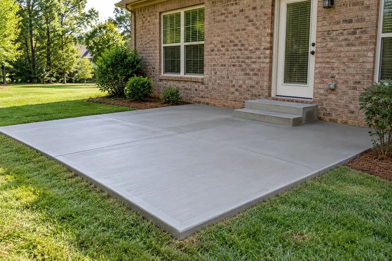 Finished concrete patio with control joints beside a brick home