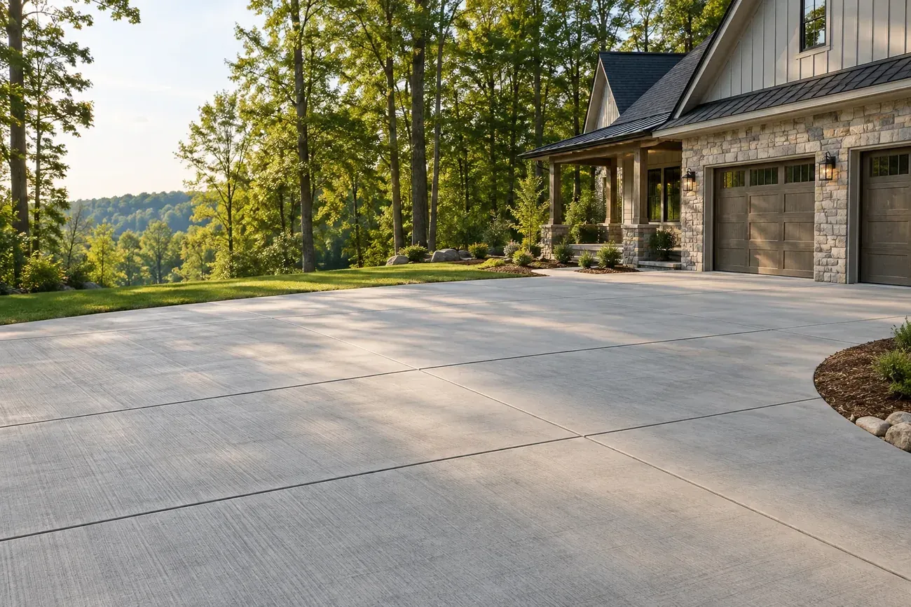 Finished concrete driveway with neat control joints beside a North Georgia home