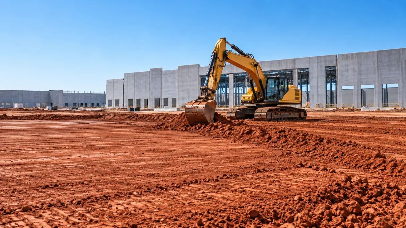 Yellow excavator working on a commercial construction site beside an industrial building