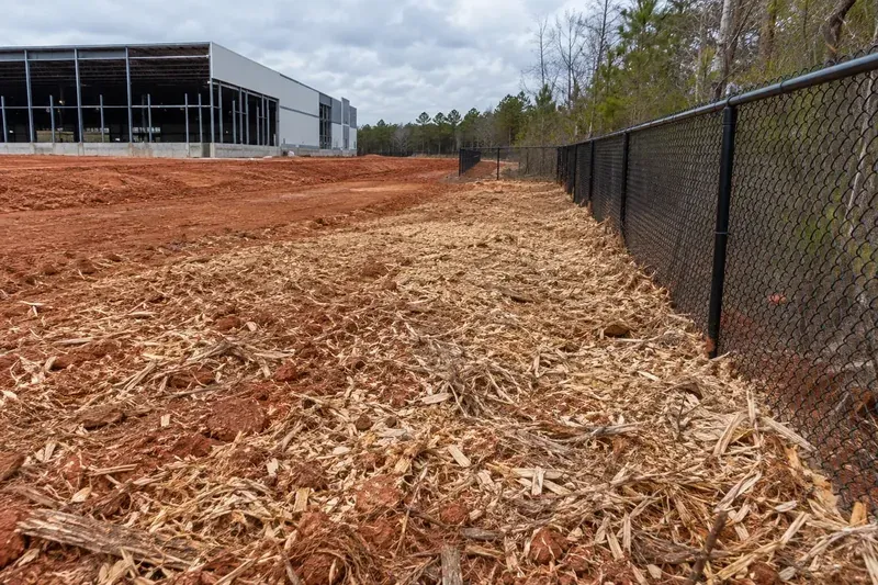 Freshly mulched ground along a property boundary