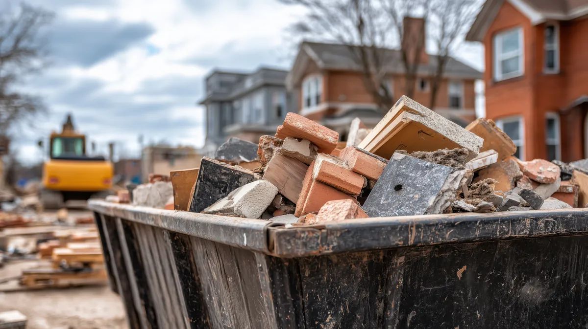 Bin loaded with demolition debris on a residential job site
