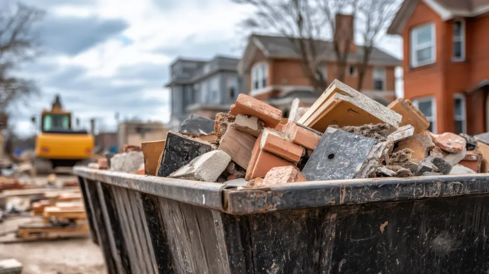 Bin loaded with demolition debris on a residential job site