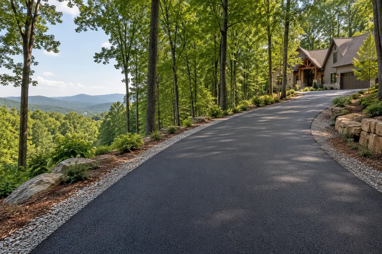 New asphalt driveway curving through a wooded North Georgia property