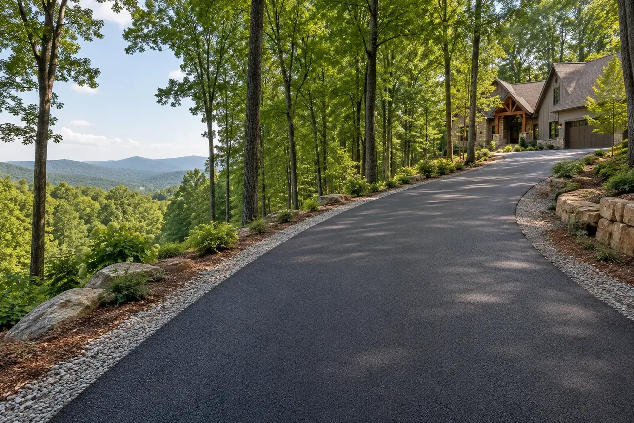 New asphalt driveway curving through a wooded North Georgia property