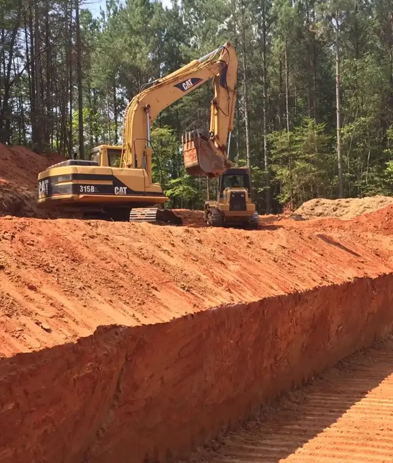 Excavators preparing a red clay site in a wooded setting