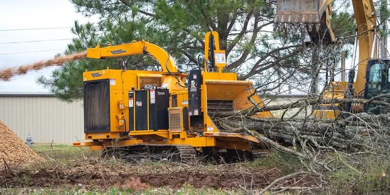 Forestry equipment processing trees and brush during land clearing