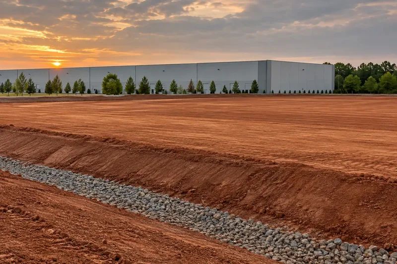 Prepared commercial ground with retained vegetation and site infrastructure