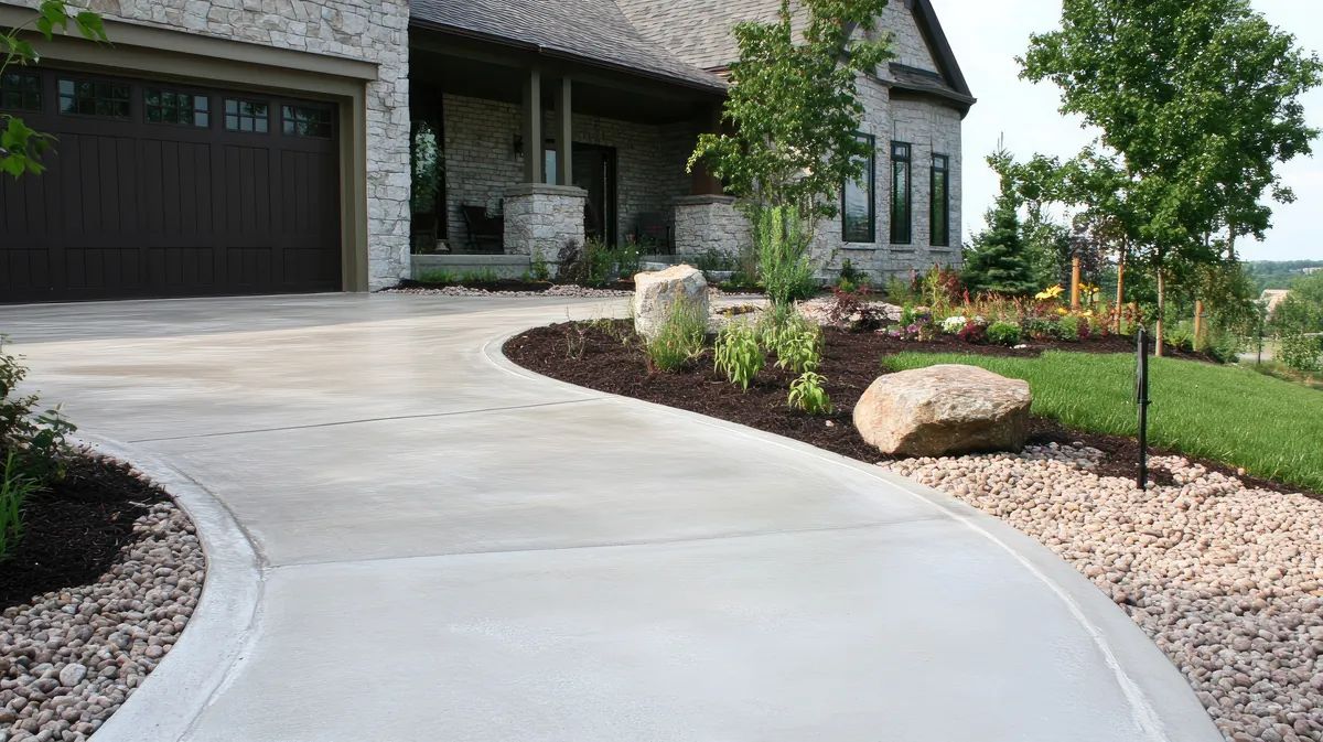 New concrete driveway bordered by fresh landscaping