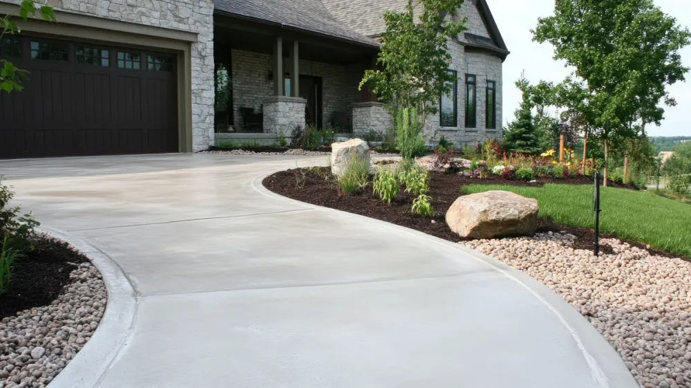New concrete driveway bordered by fresh landscaping