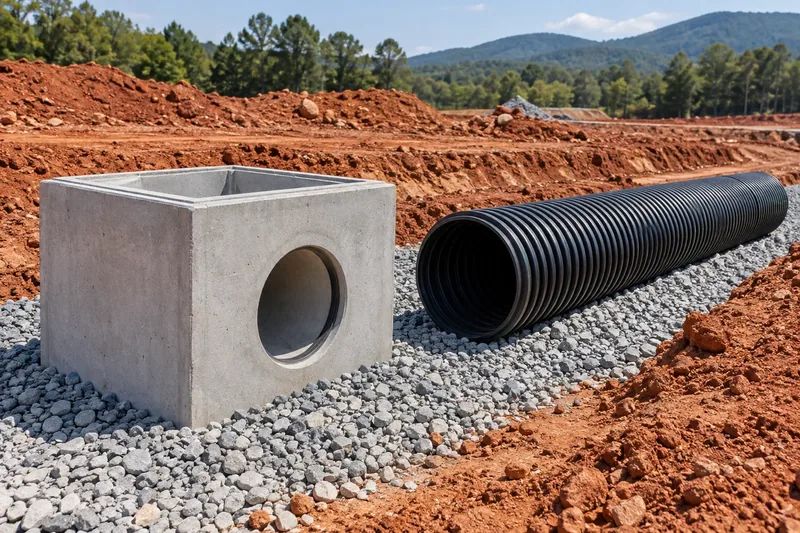 Stormwater catch basin and drainage pipe on a prepared site