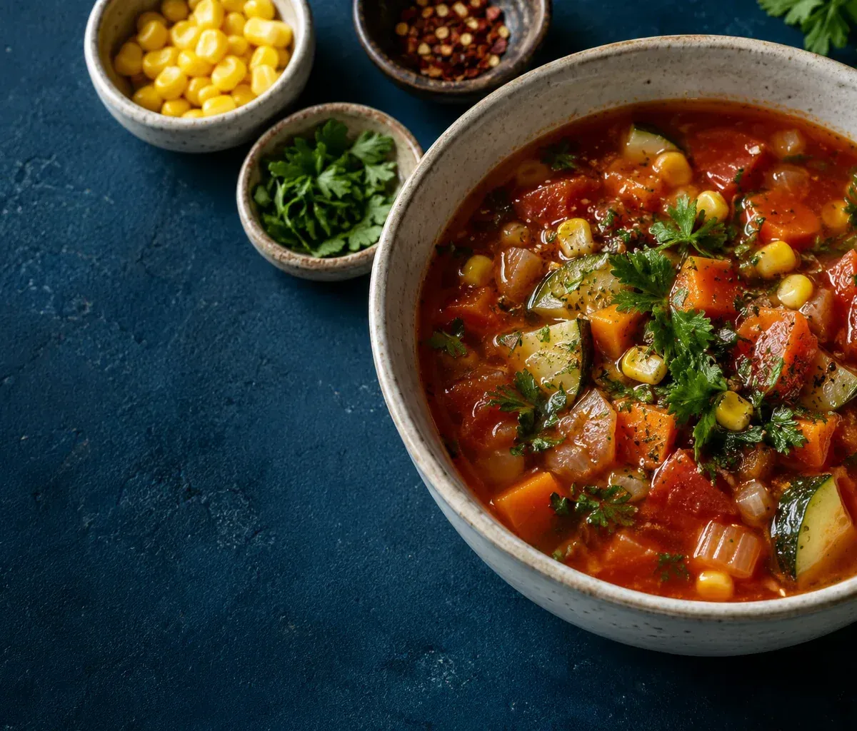 A richly colored vegetable soup with fresh herbs on a deep blue table
