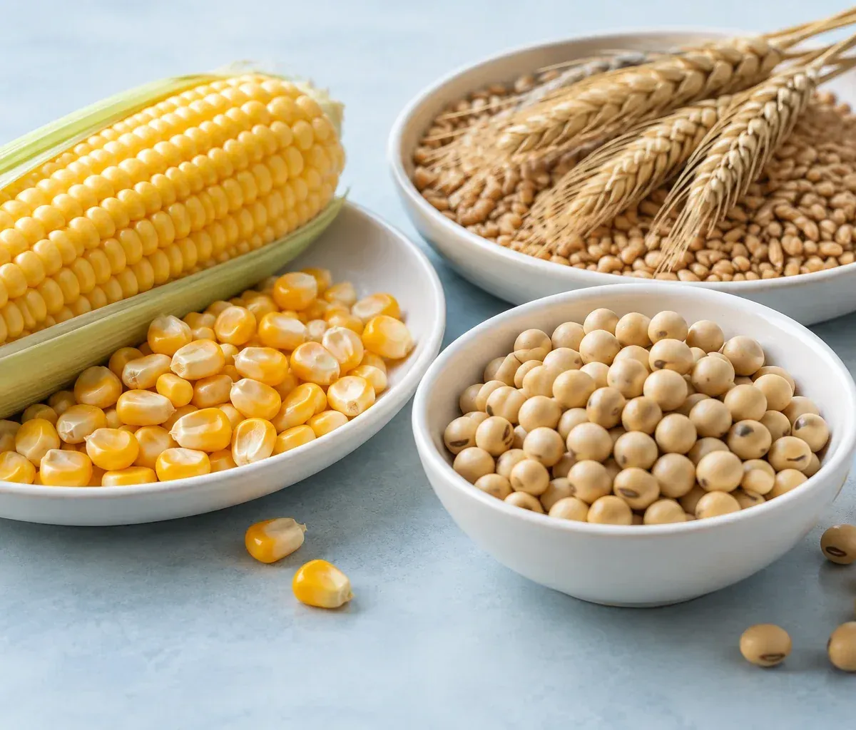 Corn, wheat, and soybeans arranged in white ceramic dishes