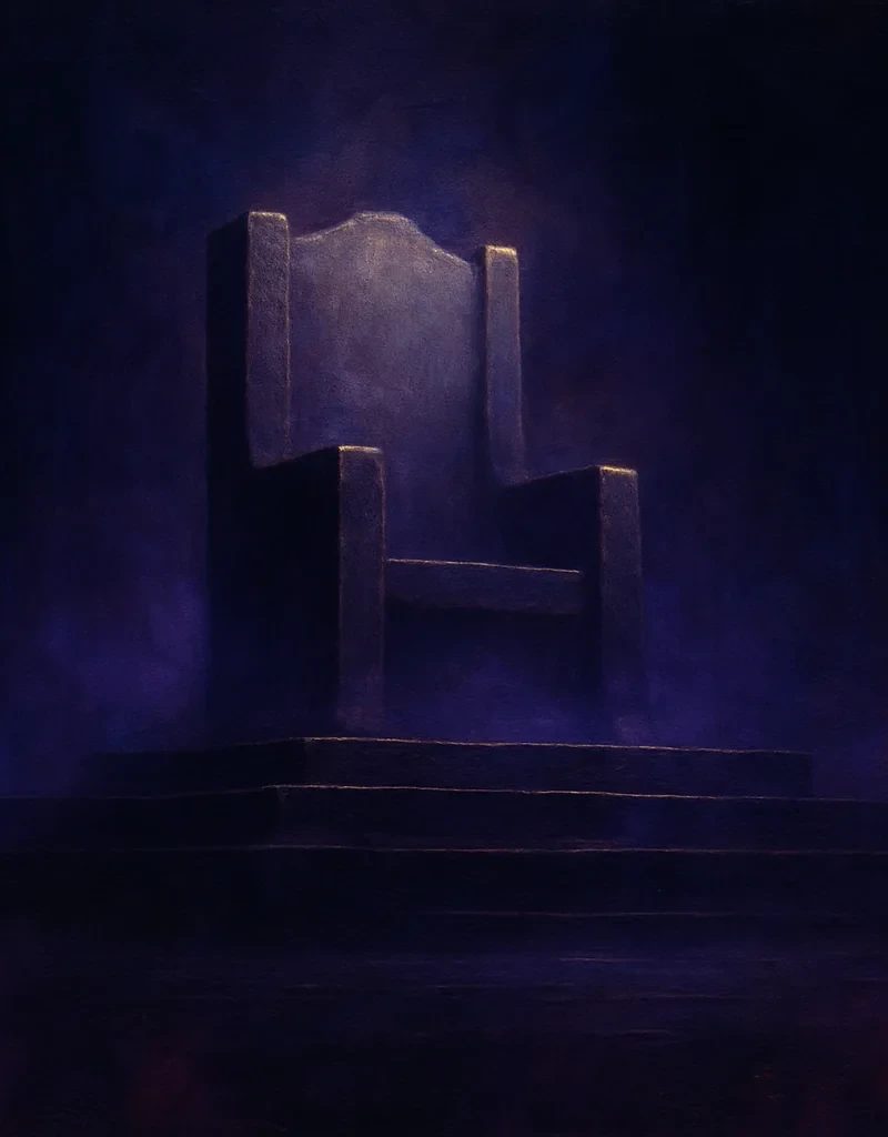 A solitary empty throne in darkness