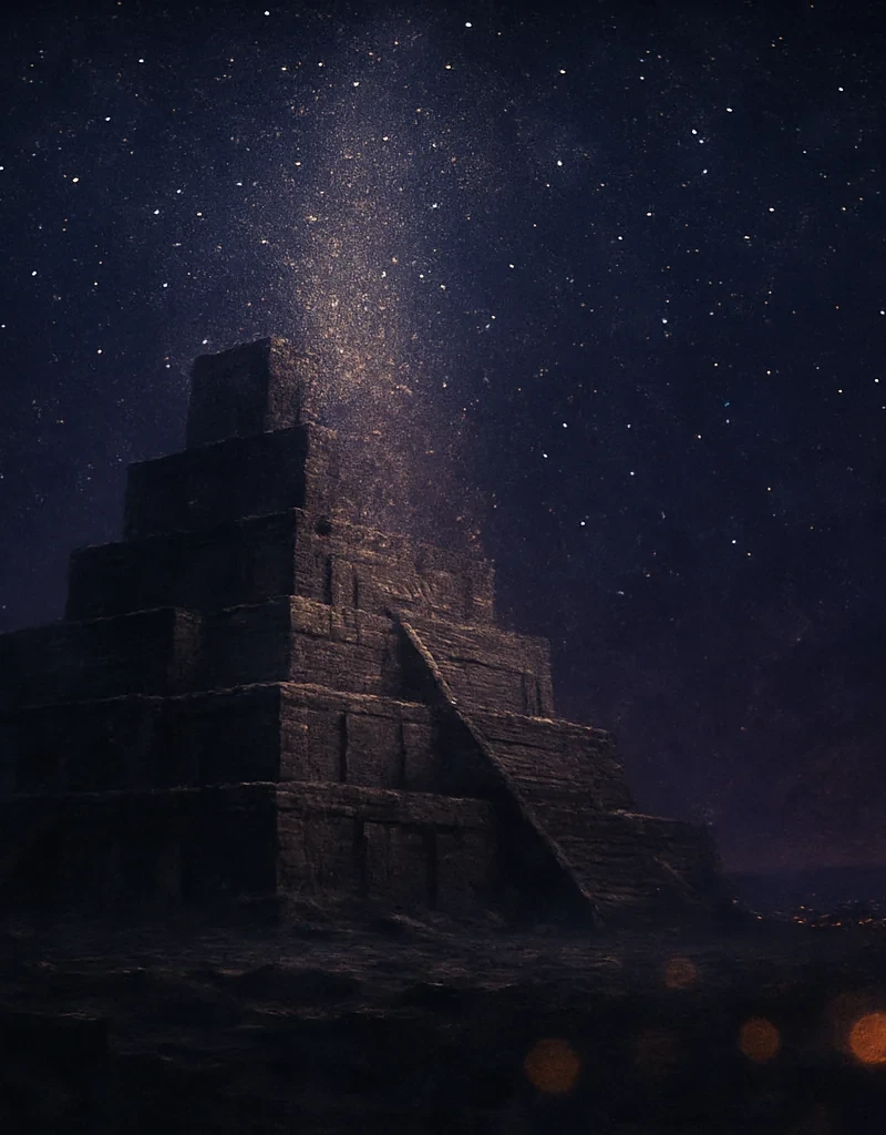 An ancient tower dissolving into a starfield