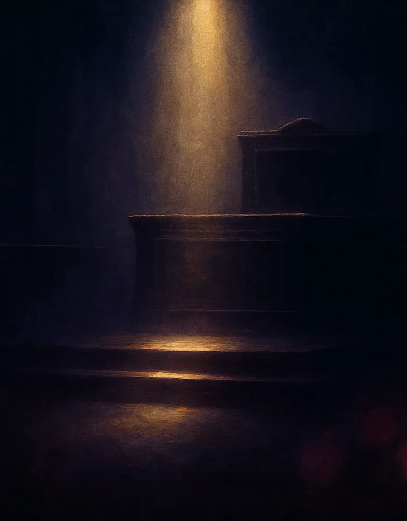 A judgment dais lit by a shaft of gold light