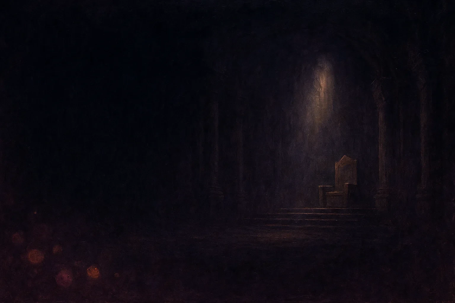 An empty stone throne in a vast dark hall, lit by a single shaft of light from above