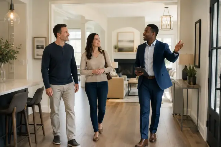 Real estate agent showing a house to clients