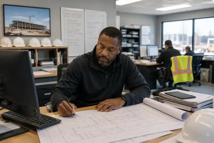 Construction team reviewing plans in the office