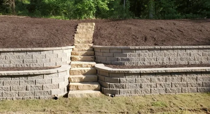 Terraced block retaining walls with a central flight of stone steps