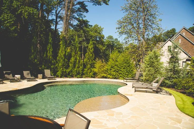 Freeform swimming pool with stone paving and a wooded backdrop