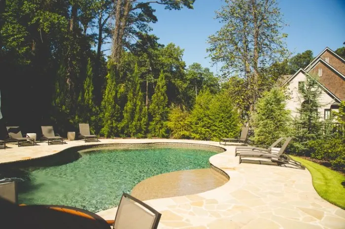Freeform swimming pool with stone paving and a wooded backdrop