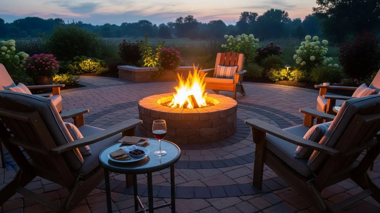Glowing fire pit, lounge chairs, and landscaped patio at dusk