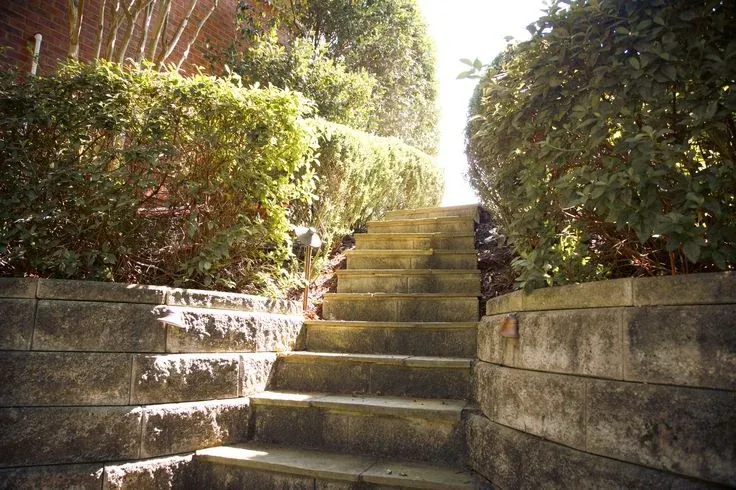 Stone garden steps between established hedges and planted retaining walls