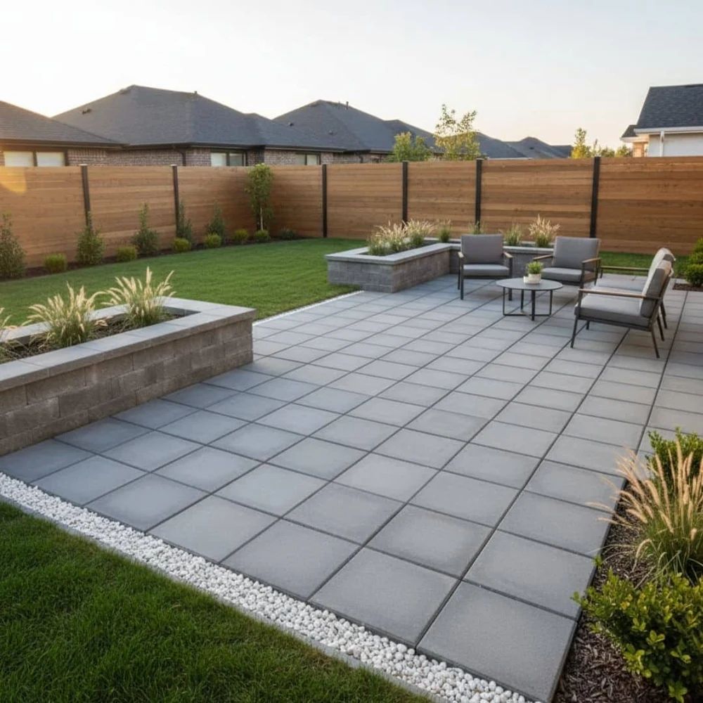 Paver patio with raised garden beds and outdoor dining furniture