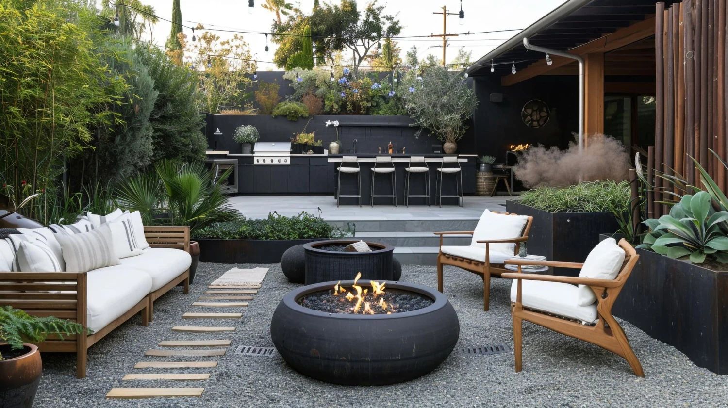 Outdoor lounge with a fire feature, layered planting, and an outdoor kitchen