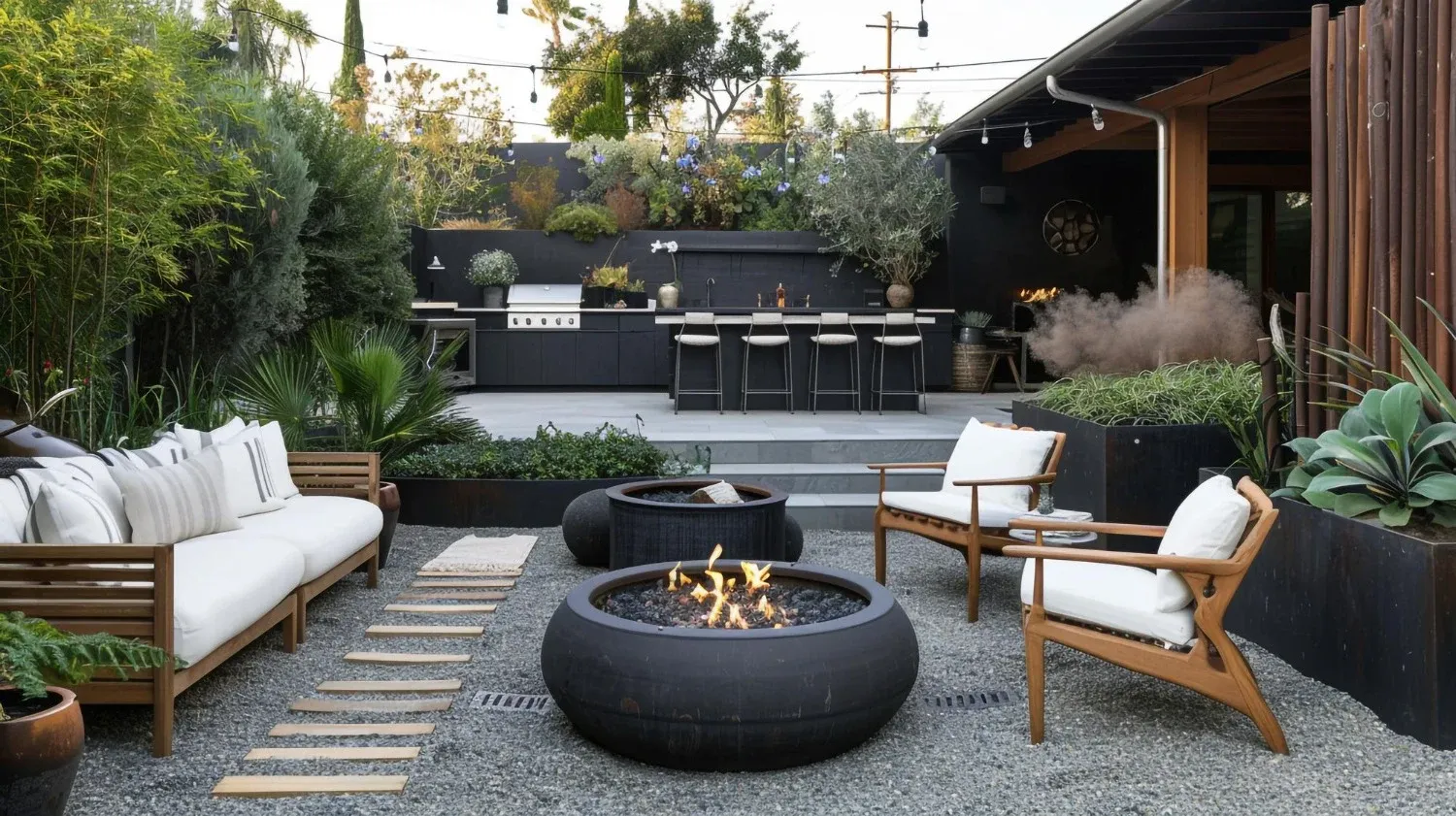 Outdoor lounge with a fire feature, layered planting, and an outdoor kitchen
