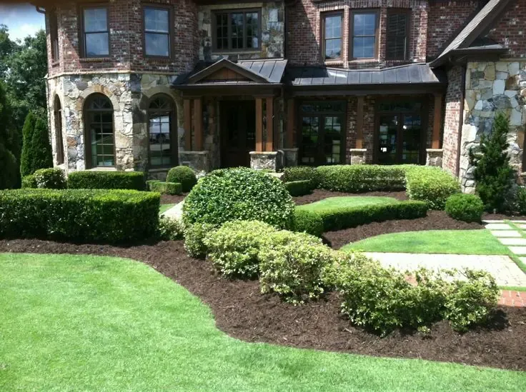 Formal front landscape with curved planting beds and a green lawn