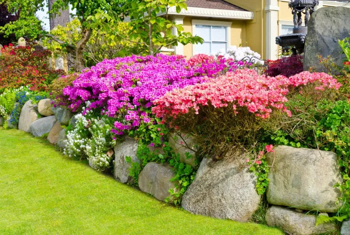 Flowering planting bed above a boulder border