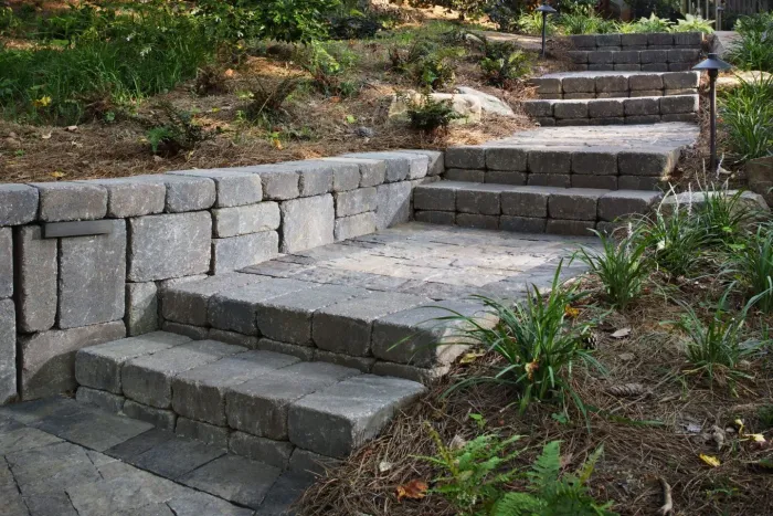 Broad stone steps and landing in a landscaped garden
