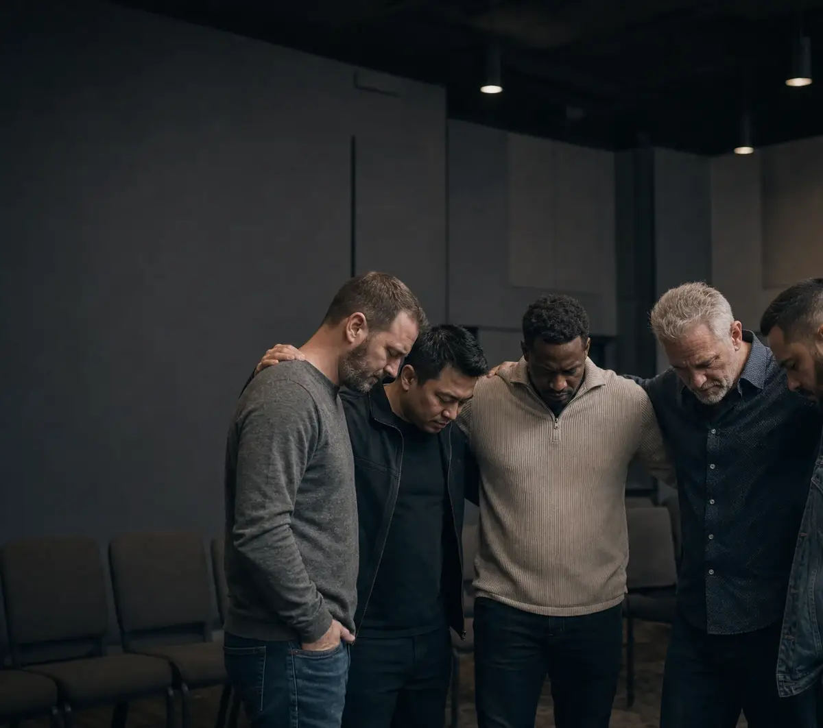 Men supporting one another in prayer