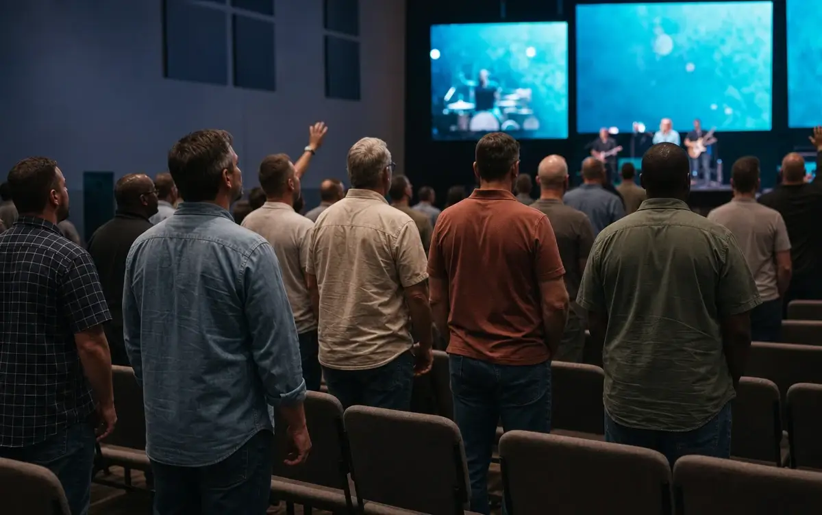 Men worshiping together in the sanctuary, viewed from the rear side aisle