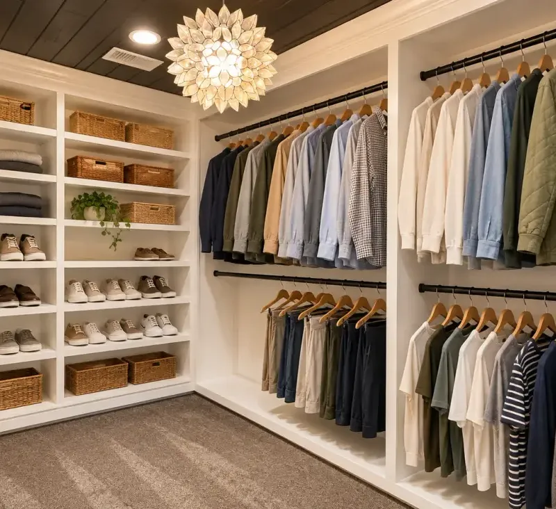 Custom walk-in closet, digitally styled project photograph