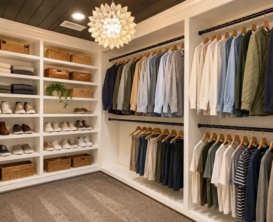 Custom walk-in closet, digitally styled project photograph