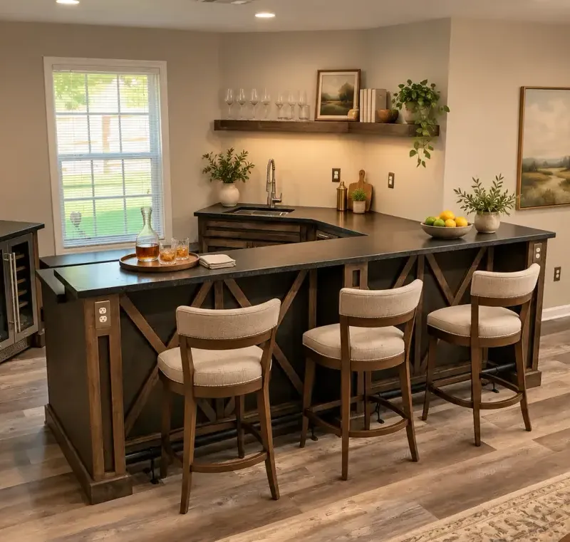 Dark basement bar with wood cross-brace detailing