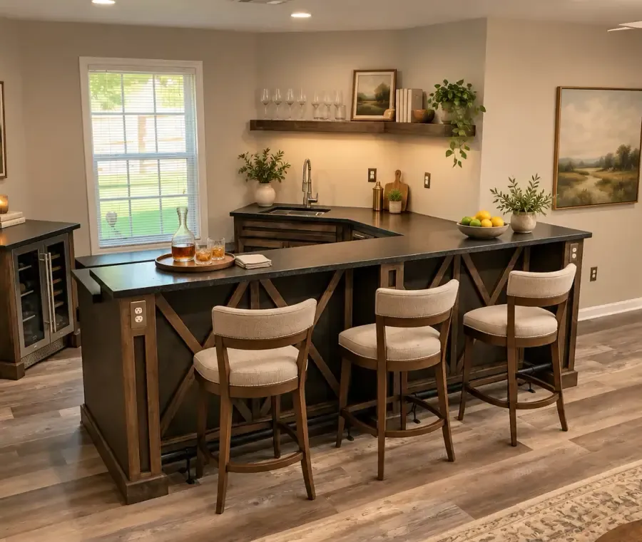 Dark basement bar with wood cross-brace detailing