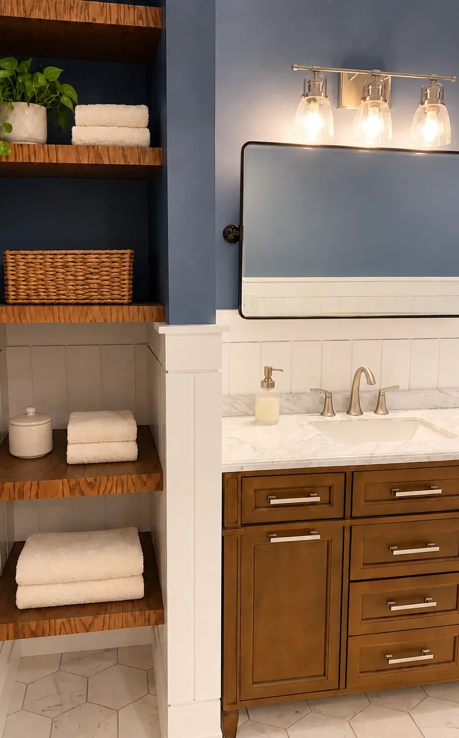 Bathroom vanity & display shelving, digitally styled project photograph