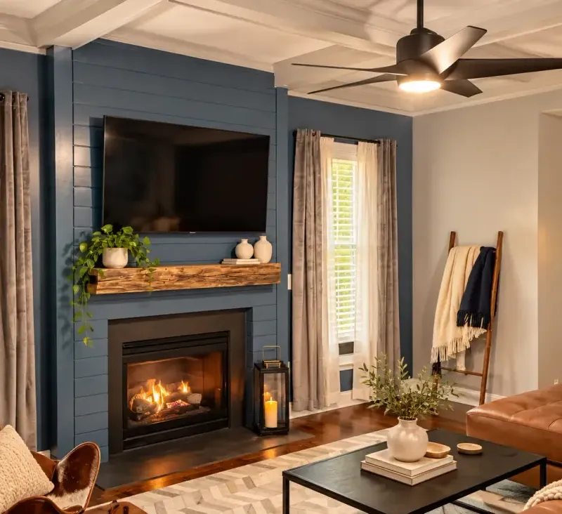 Coffered ceiling & blue fireplace wall, digitally styled project photograph