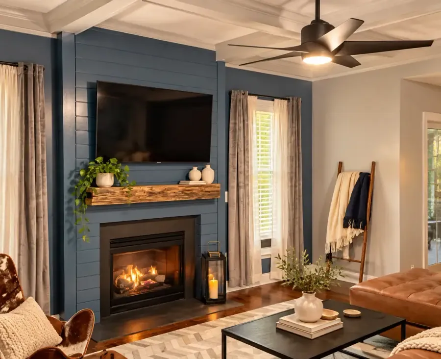 Coffered ceiling & blue fireplace wall, digitally styled project photograph