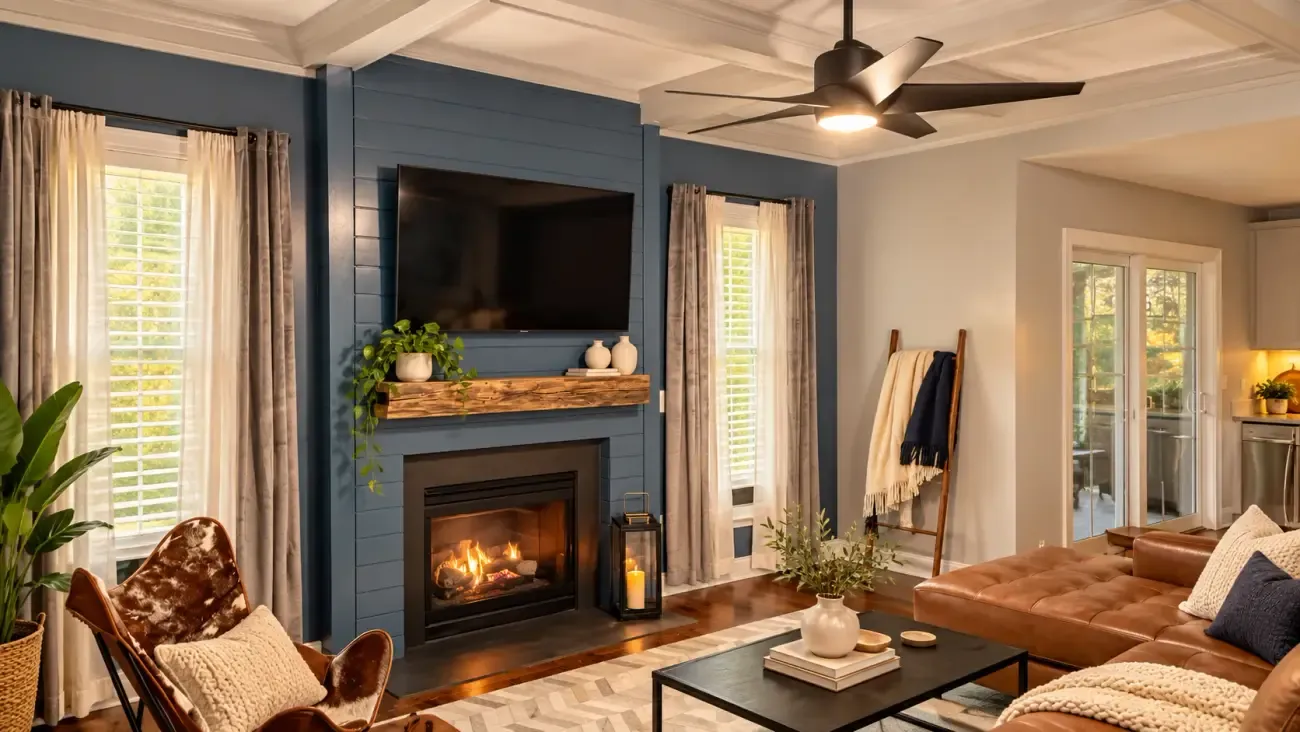 Custom coffered ceiling and blue fireplace wall in a Northeast Georgia home, digitally styled