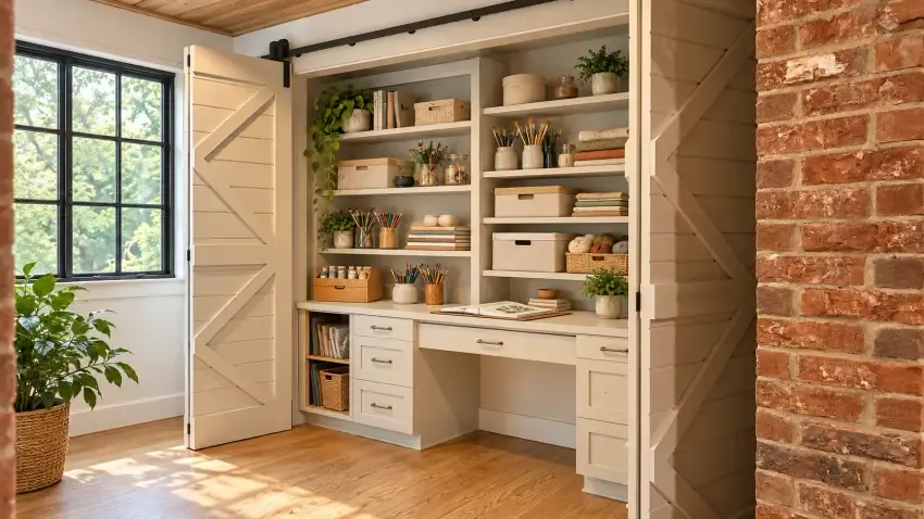 Custom craft closet with built-in worktop, drawers and adjustable shelves