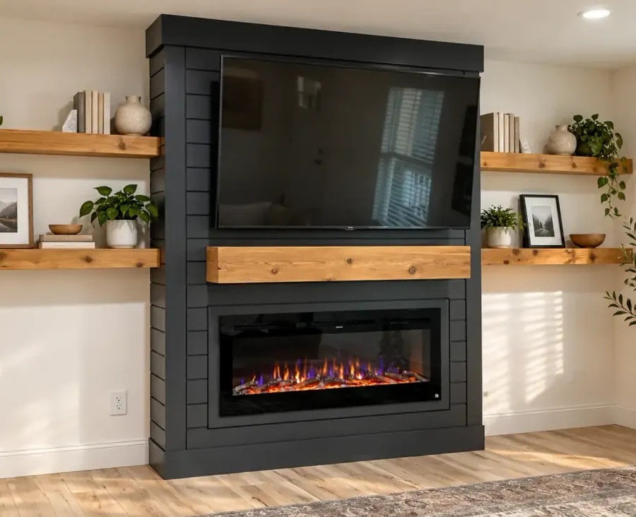 Charcoal shiplap fireplace with oak mantel and floating shelves