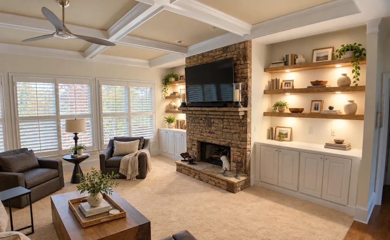 Living room with Georgia Mountain Woodworks built-ins and coffered ceiling, styled with books, framed photos, ceramics, and greenery