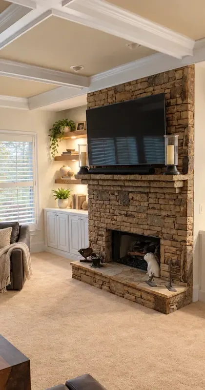 Custom coffered ceiling and built-in living room cabinetry