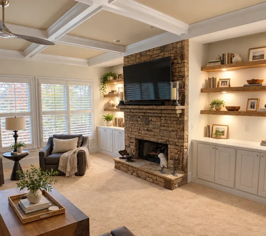 Living room with custom coffered ceiling and illuminated floating shelves